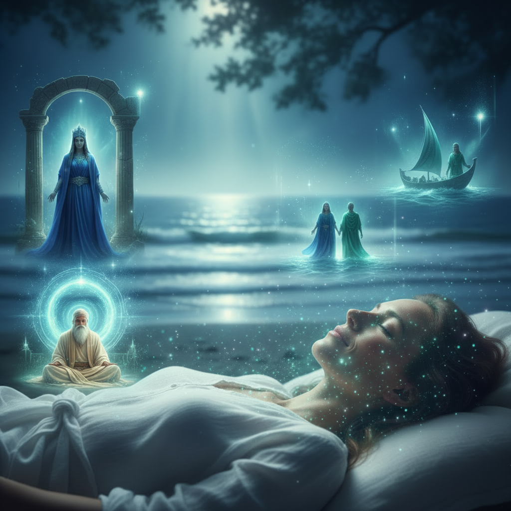 Serene woman with eyes closed in deep healing trance with teal ocean light