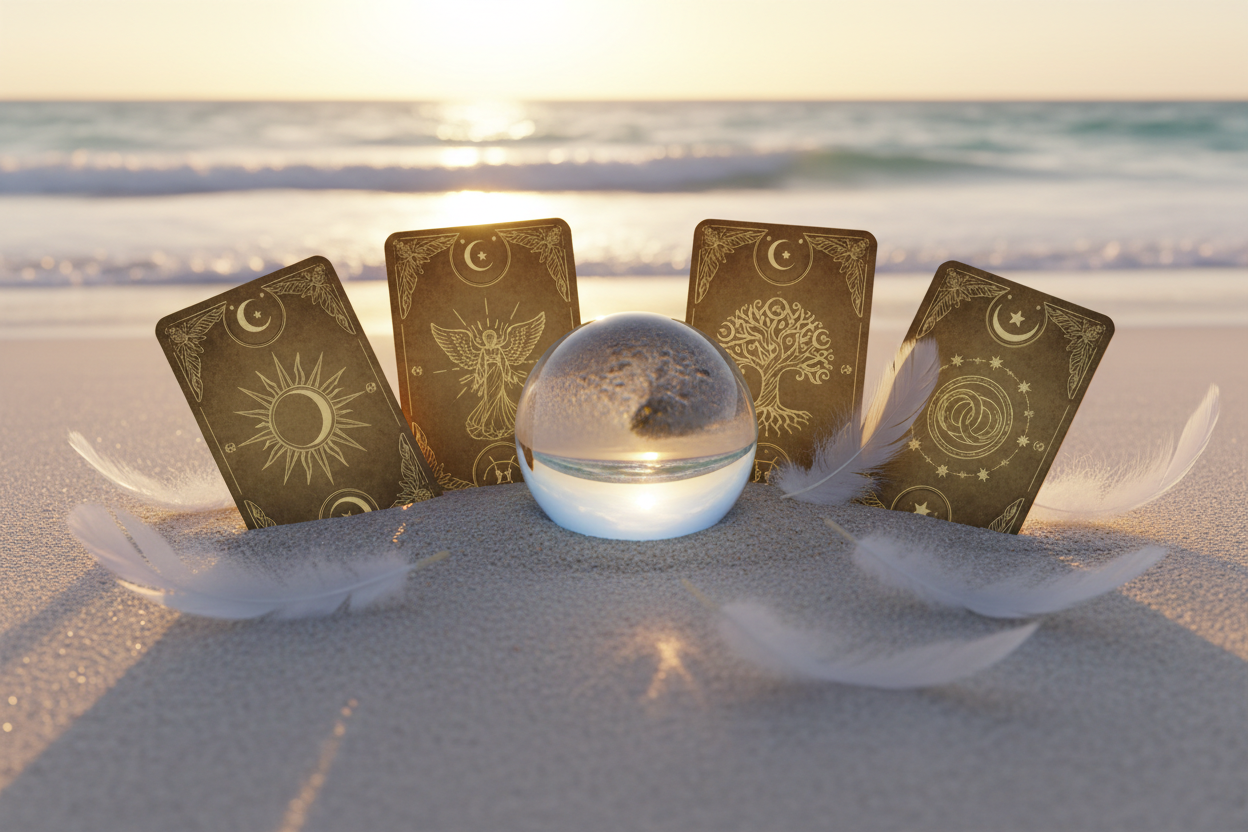 Crystal Ball and Cards in the Sand