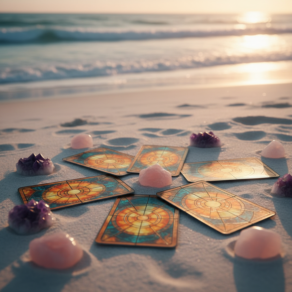 Tarot cards and crystals on soft white sand at golden hour beach sunset, no people