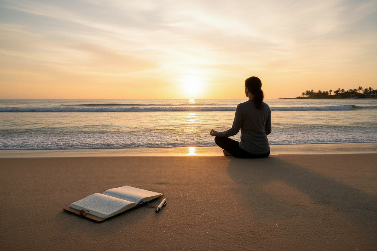 Silhouette of a woman sitting beside a notepad and pen on the sand at sunrise on Delray Beach