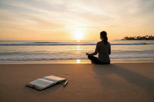 Silhouette of a woman sitting beside a notepad and pen on the sand at sunrise on Delray Beach