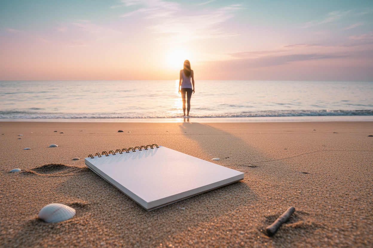 White notepad on the sand with ocean and sunrise, silhouette of a woman in the background