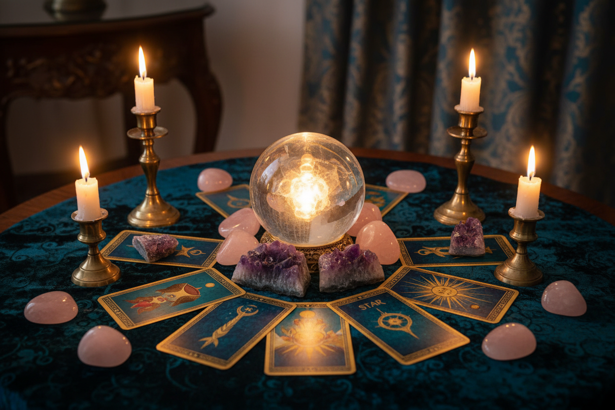 Crystal ball and tarot cards on dark velvet with amethyst crystals, candlelight, teal and gold tones