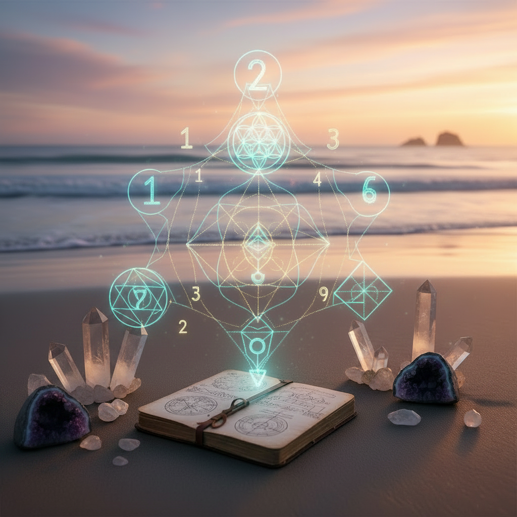 Mystical numerology beach scene with sacred numbers and crystals at golden hour, no candles