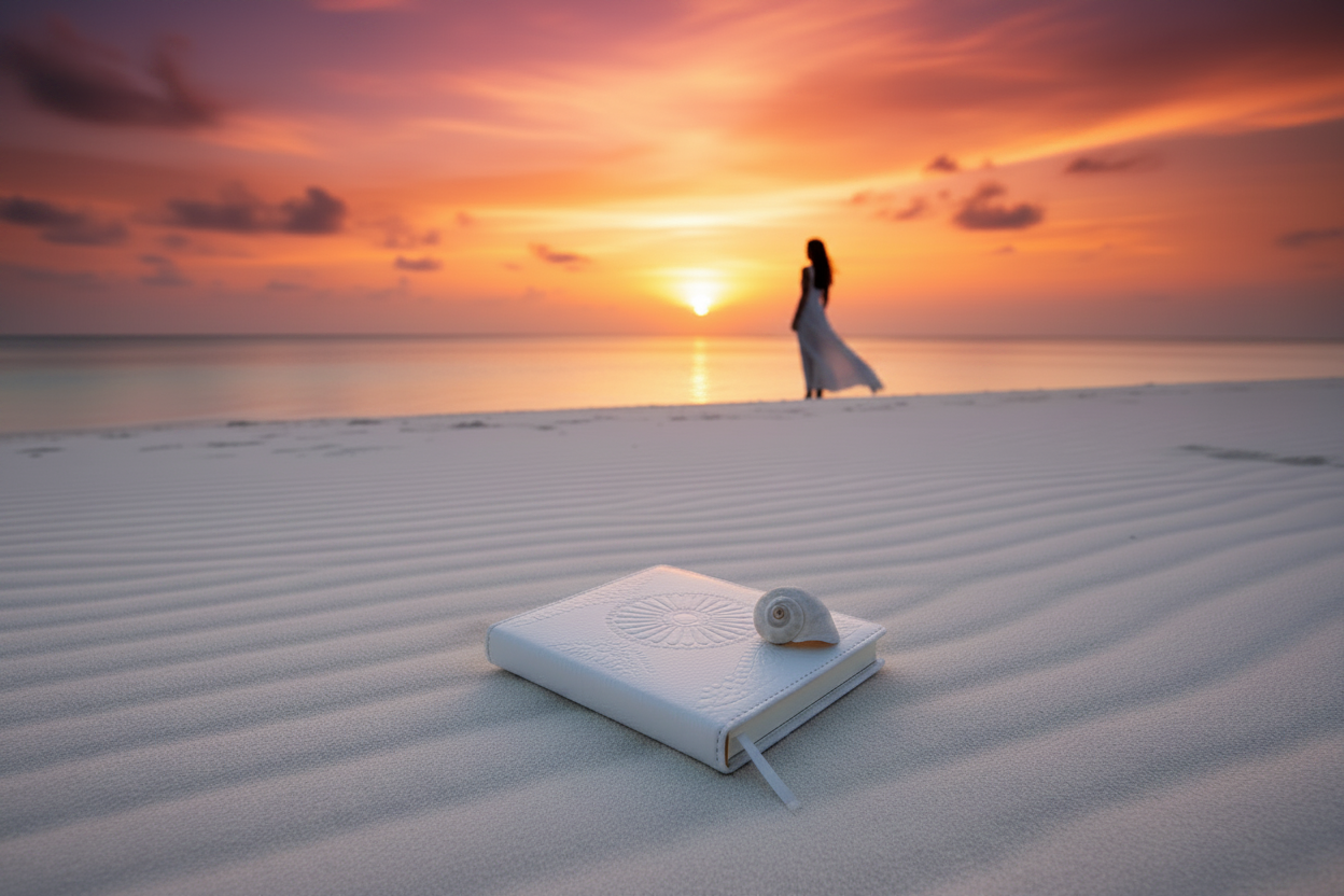 Open journal with seashell on white sand beach at sunrise with silhouette